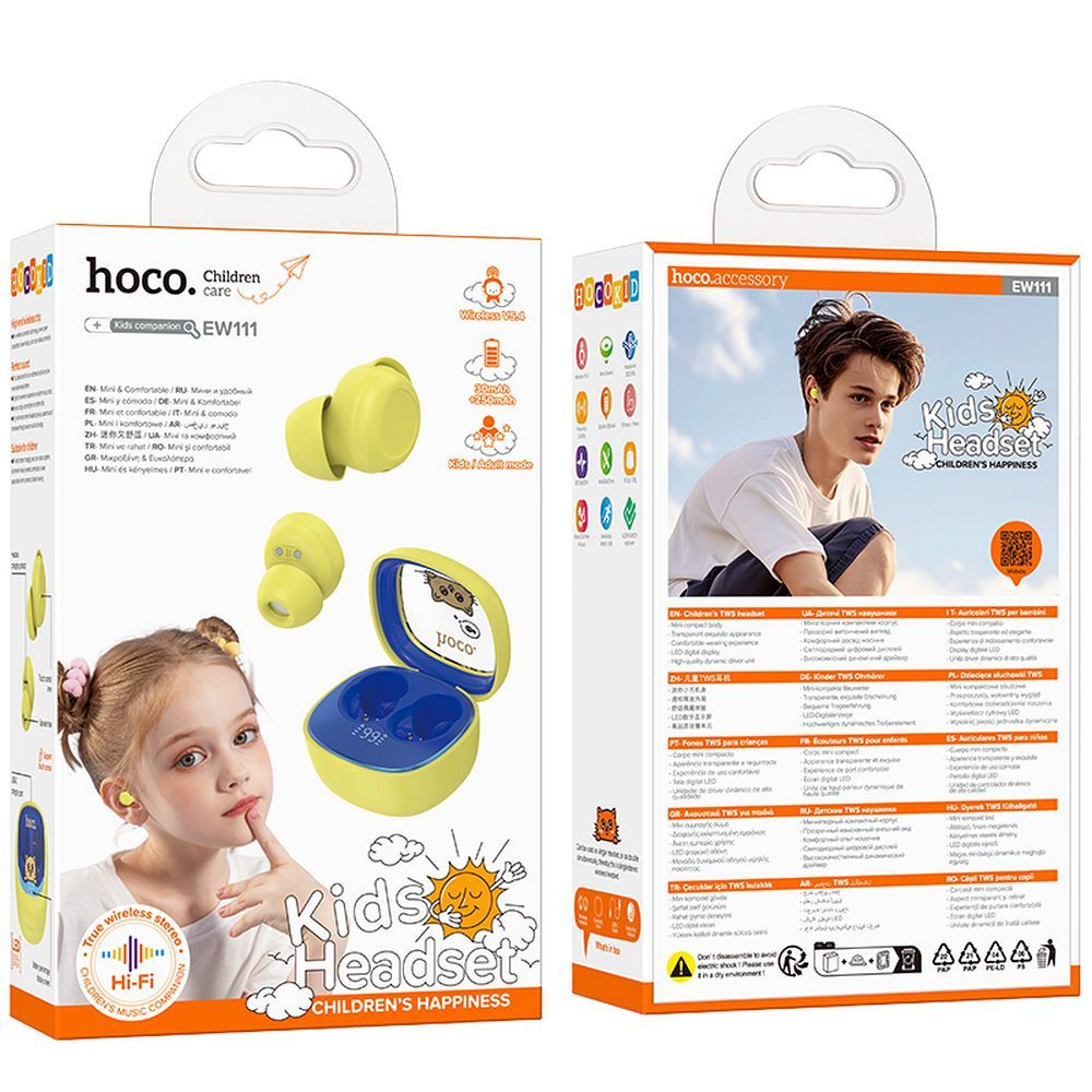 245b221515e2bad747ca7d7db6860239 HOCO wireless earphones bluetooth TWS for kids EW111 yellow