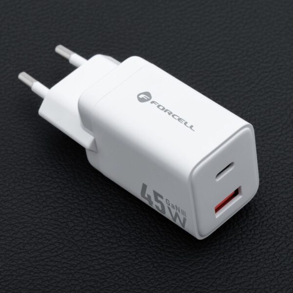 FORCELL F-ENERGY Mini GaN III VT-36 travel charger with 1 x Type C + 1x USB A sockets, PD QC4.0 45W white