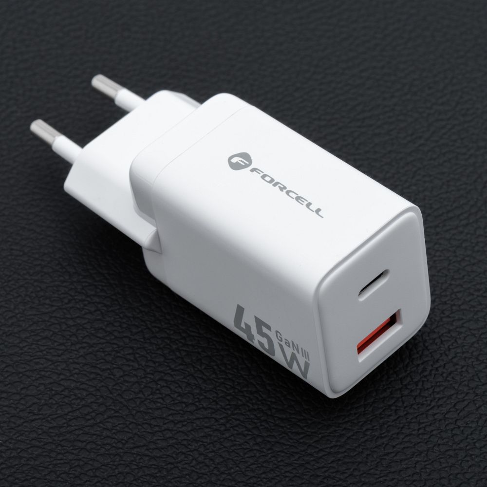 FORCELL F-ENERGY Mini GaN III VT-36 travel charger with 1 x Type C + 1x USB A sockets, PD QC4.0 45W white