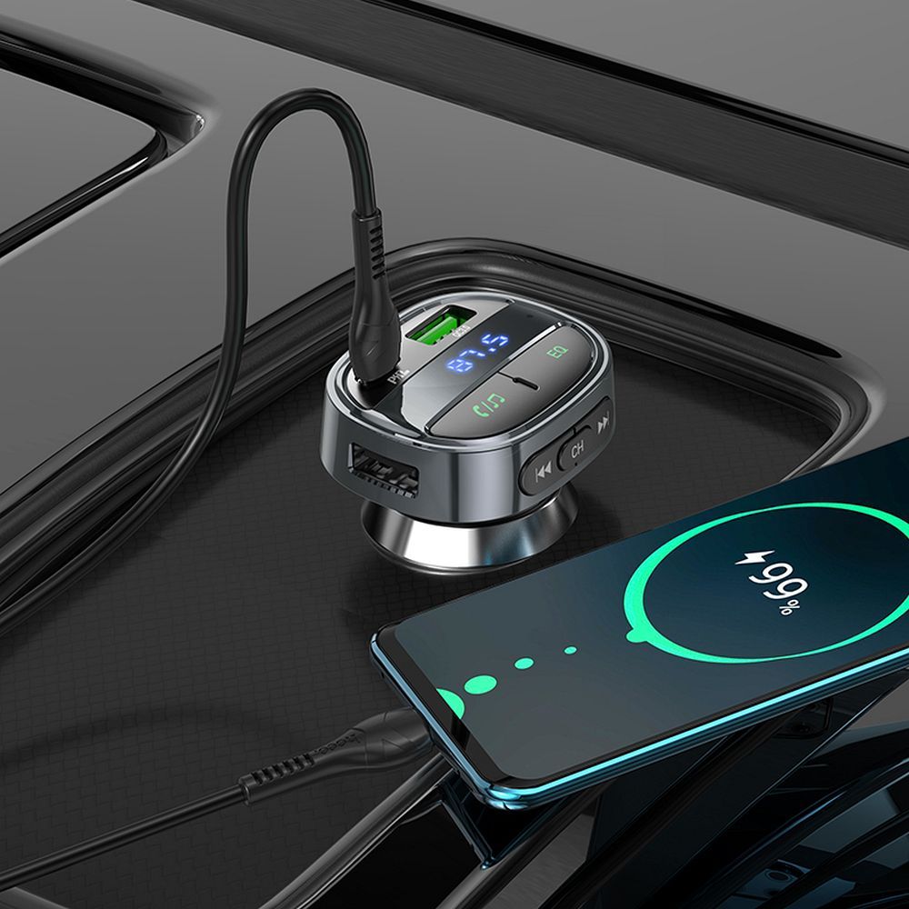 HOCO car charger USB A+ Type C with digital display + transmitter FM BT PD QC3.0 5A 30W E70 obsidian black
