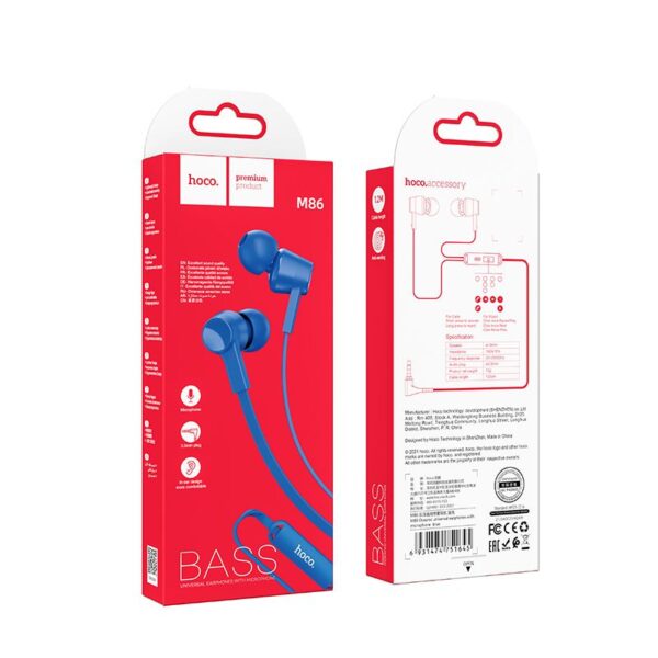 HOCO wire earphones Jack 3,5 mm with microphone M86 blue
