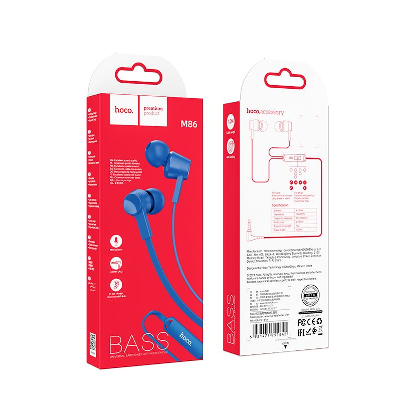 HOCO wire earphones Jack 3,5 mm with microphone M86 blue