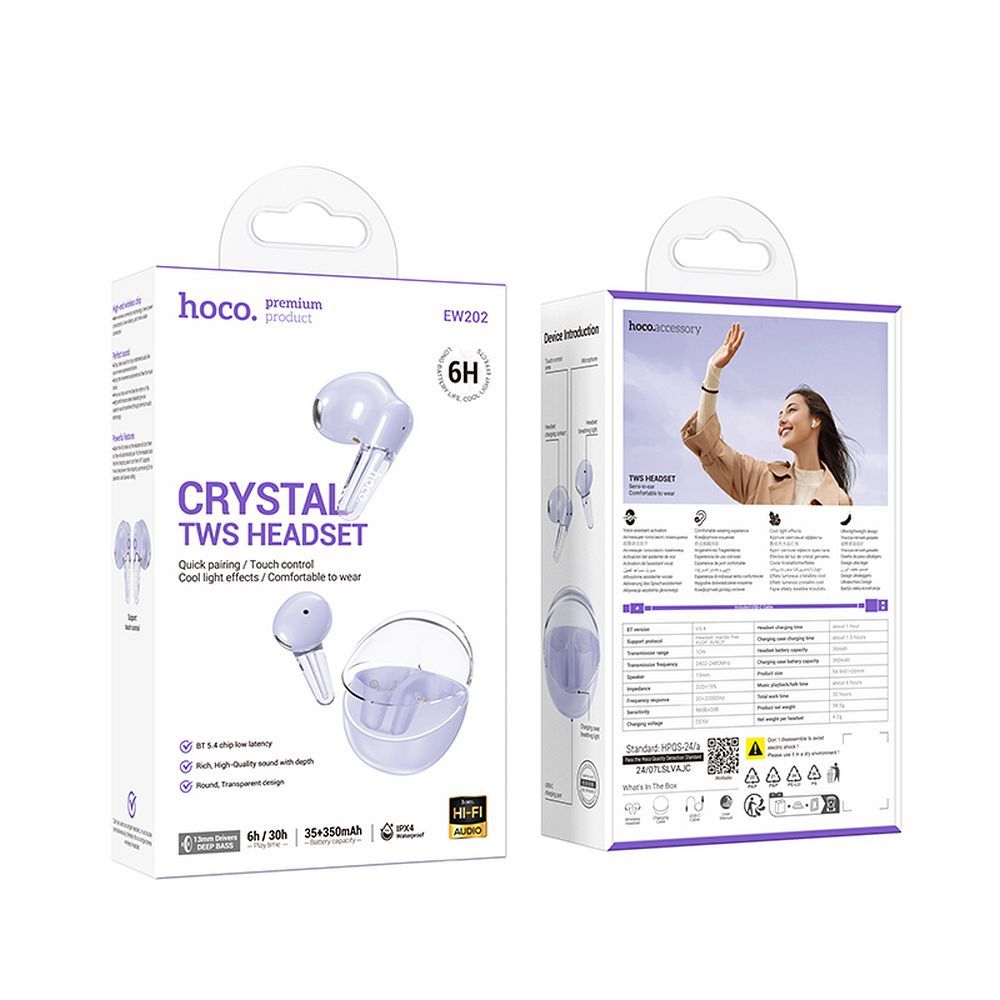 3ca1545ef28b09db05584696d69b142f HOCO wireless earphones bluetooth TWS EW202 purple