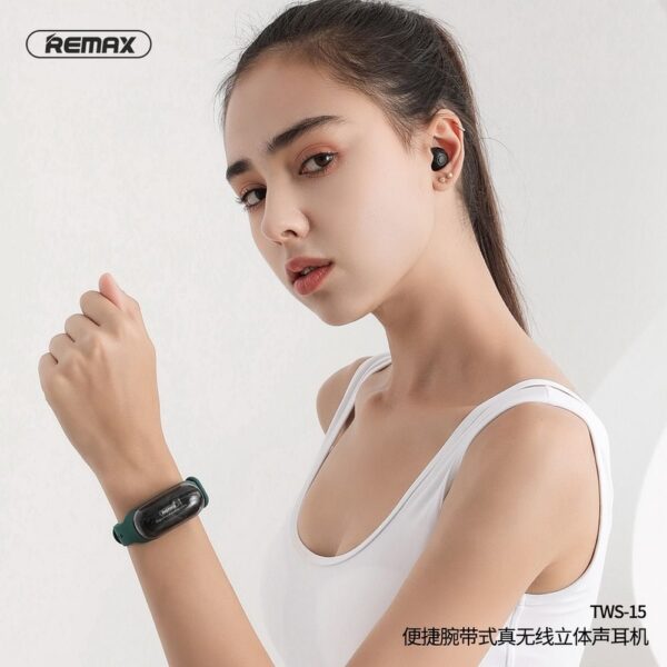 REMAX wireless stereo earbuds TWS-15 with docking station in smartband green