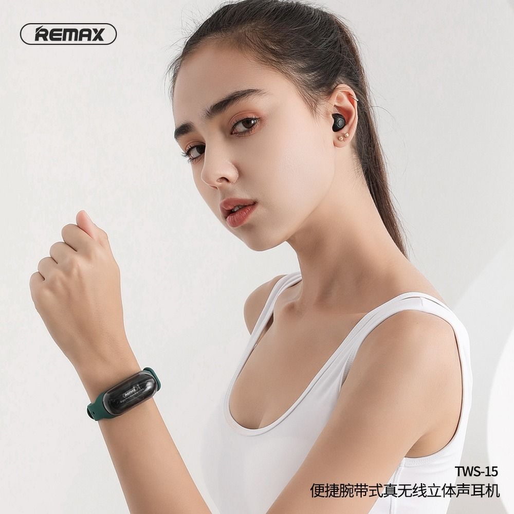 REMAX wireless stereo earbuds TWS-15 with docking station in smartband green