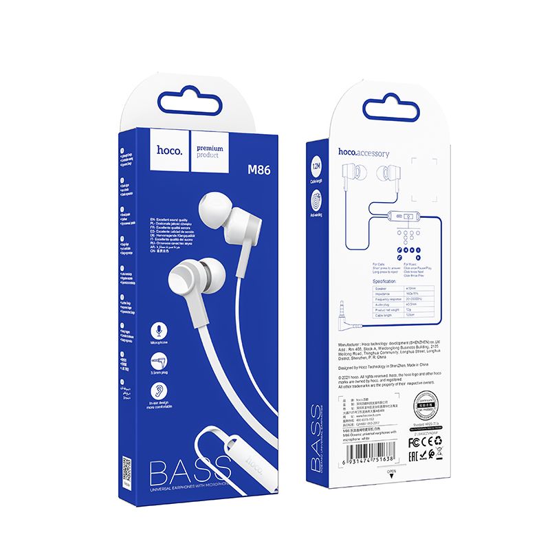 HOCO wire earphones Jack 3,5 mm with microphone M86 white