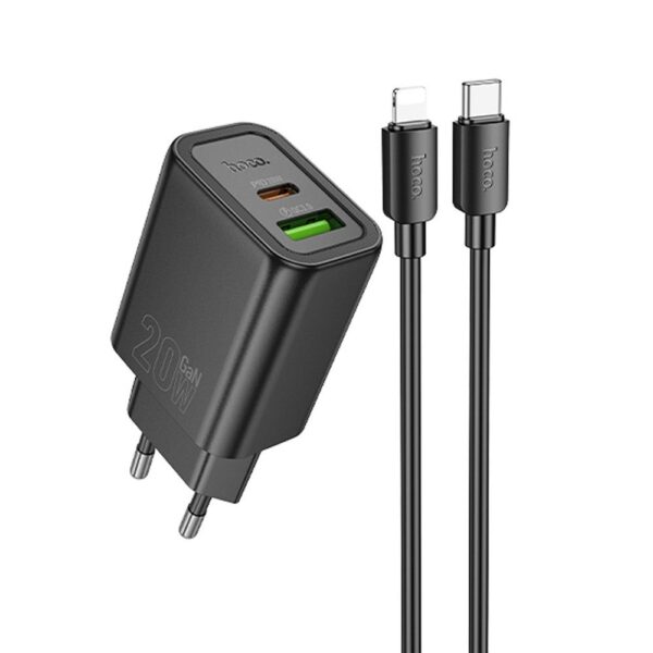 HOCO wall charger USB A + Type C + cable Type C to Lightning PD QC3.0 3A 20W N61 black