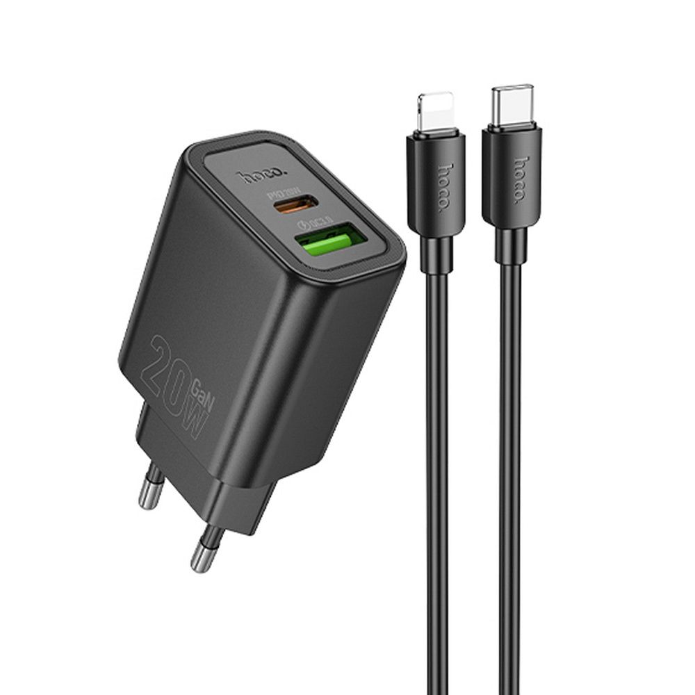 HOCO wall charger USB A + Type C + cable Type C to Lightning PD QC3.0 3A 20W N61 black
