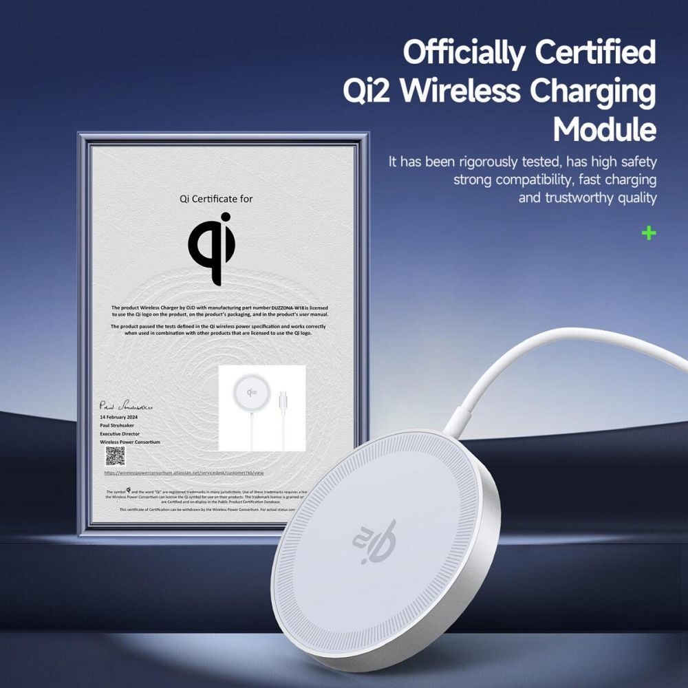 DUZZONA wireless charger compatible with MagSafe 15W and Qi2 charging standard W18 white