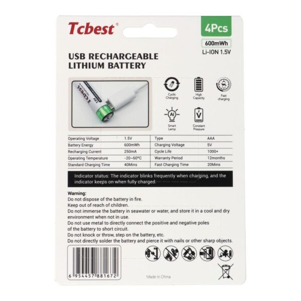 48b332b967f958e707607d4991646748 TCBEST rechargable battery R3 (AAA) 400 mAh with socket Type C + cable USB A to 4 x Type C 4 pcs