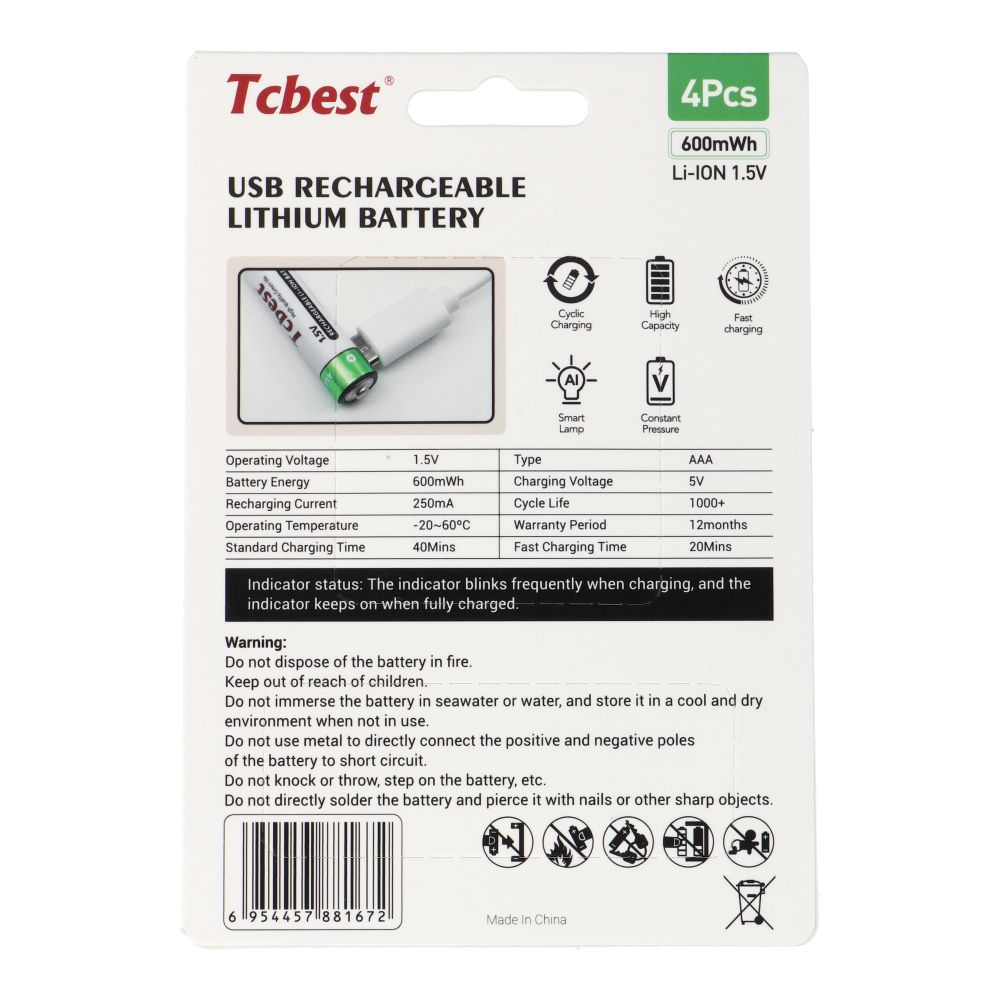 48b332b967f958e707607d4991646748 TCBEST rechargable battery R3 (AAA) 400 mAh with socket Type C + cable USB A to 4 x Type C 4 pcs