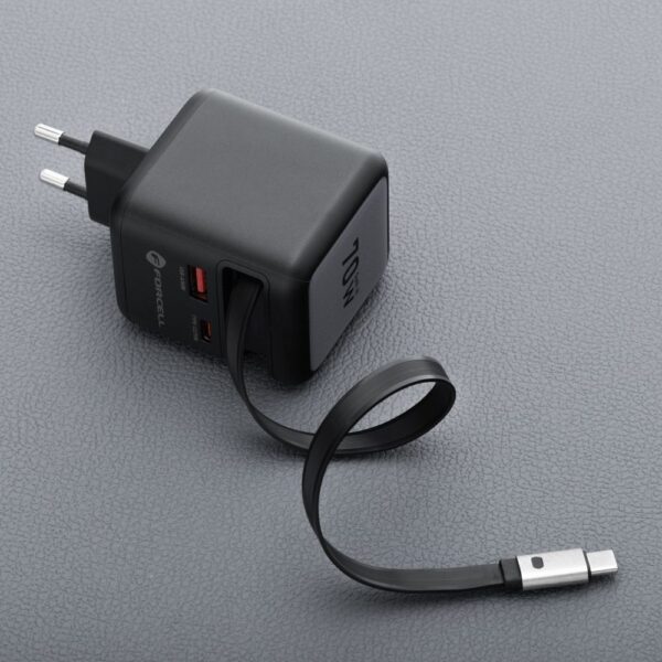 FORCELL F-ENERGY GaN III VT-R7 travel charger with retractable cable Type C and 1x Type C, 1x USB A charging ports PD QC4.0 3A 70W gray
