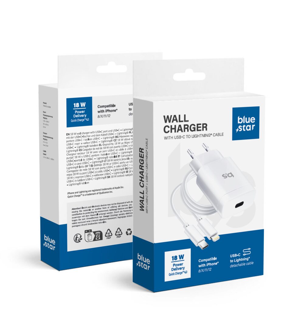 531beb2e8ea24ca10740e5954982e938 BLUE STAR travel charger Type C + cable Type C to Lightning PD QC4.0 3A 18W TFK-TC-1099C white