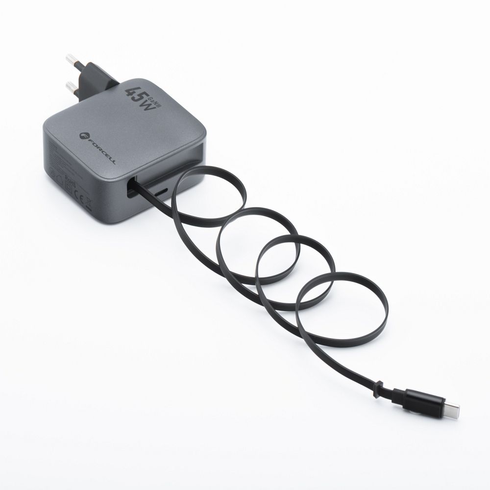FORCELL F-ENERGY GaN III VT-R5 travel charger with retractable cable Type C and Type C charging port PD QC4.0 3A 45W gray