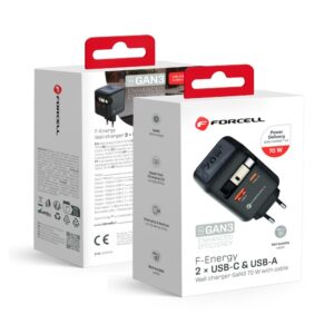 FORCELL F-ENERGY GaN III VT-R7 travel charger with retractable cable Type C and 1x Type C, 1x USB A charging ports PD QC4.0 3A 70W gray