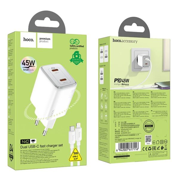 HOCO charger 2 x Type C + cable Type C to Lightning PD QC 45W GaN N42 white