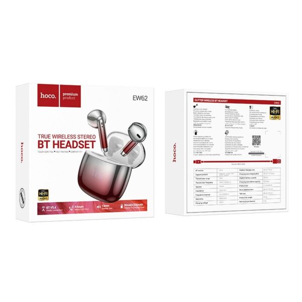 EOL HOCO wireless earphones bluetooth TWS EW62 red glaze