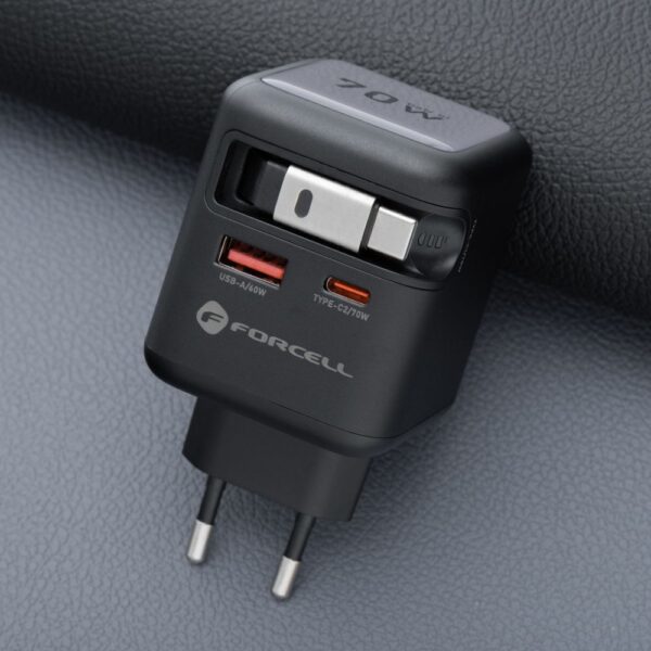 FORCELL F-ENERGY GaN III VT-R7 travel charger with retractable cable Type C and 1x Type C, 1x USB A charging ports PD QC4.0 3A 70W gray