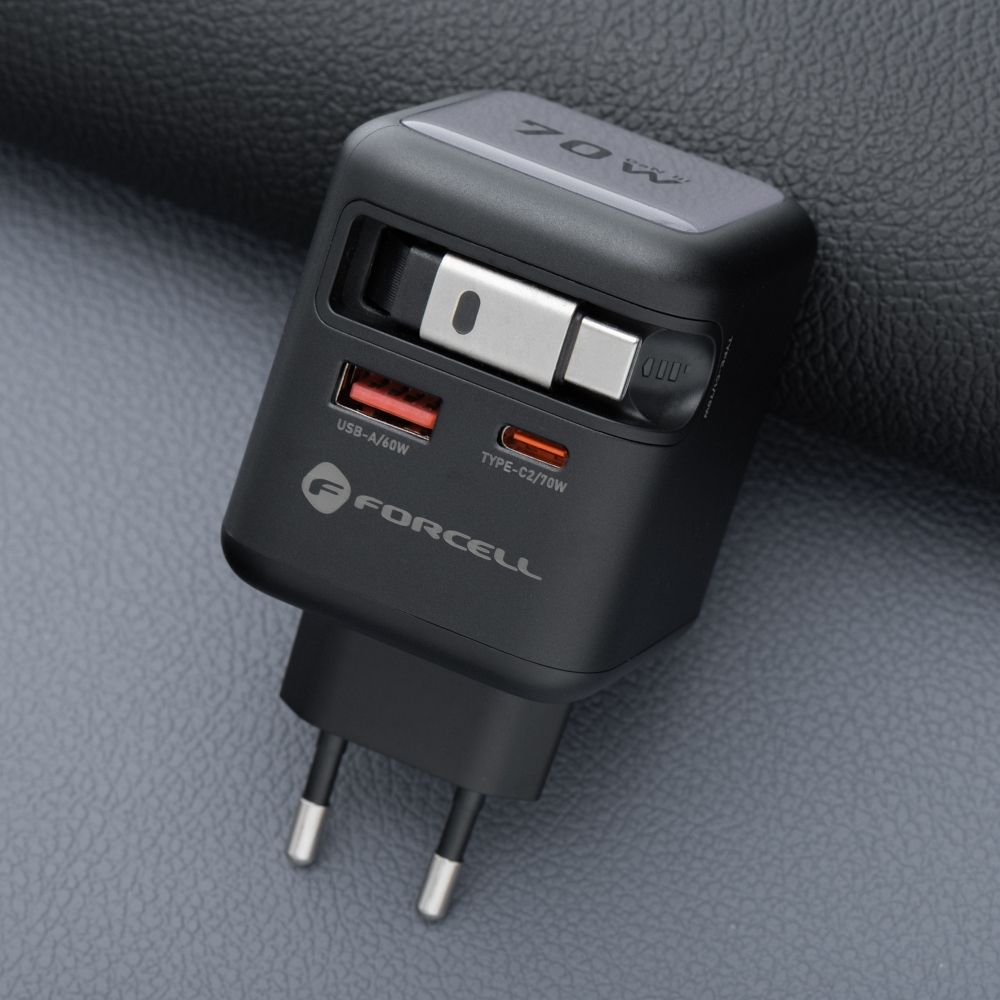 FORCELL F-ENERGY GaN III VT-R7 travel charger with retractable cable Type C and 1x Type C, 1x USB A charging ports PD QC4.0 3A 70W gray