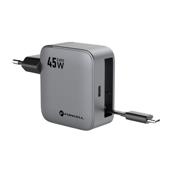FORCELL F-ENERGY GaN III VT-R5 travel charger with retractable cable Type C and Type C charging port PD QC4.0 3A 45W gray