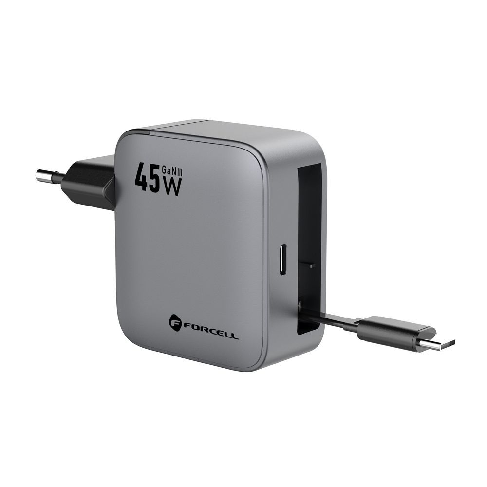 FORCELL F-ENERGY GaN III VT-R5 travel charger with retractable cable Type C and Type C charging port PD QC4.0 3A 45W gray