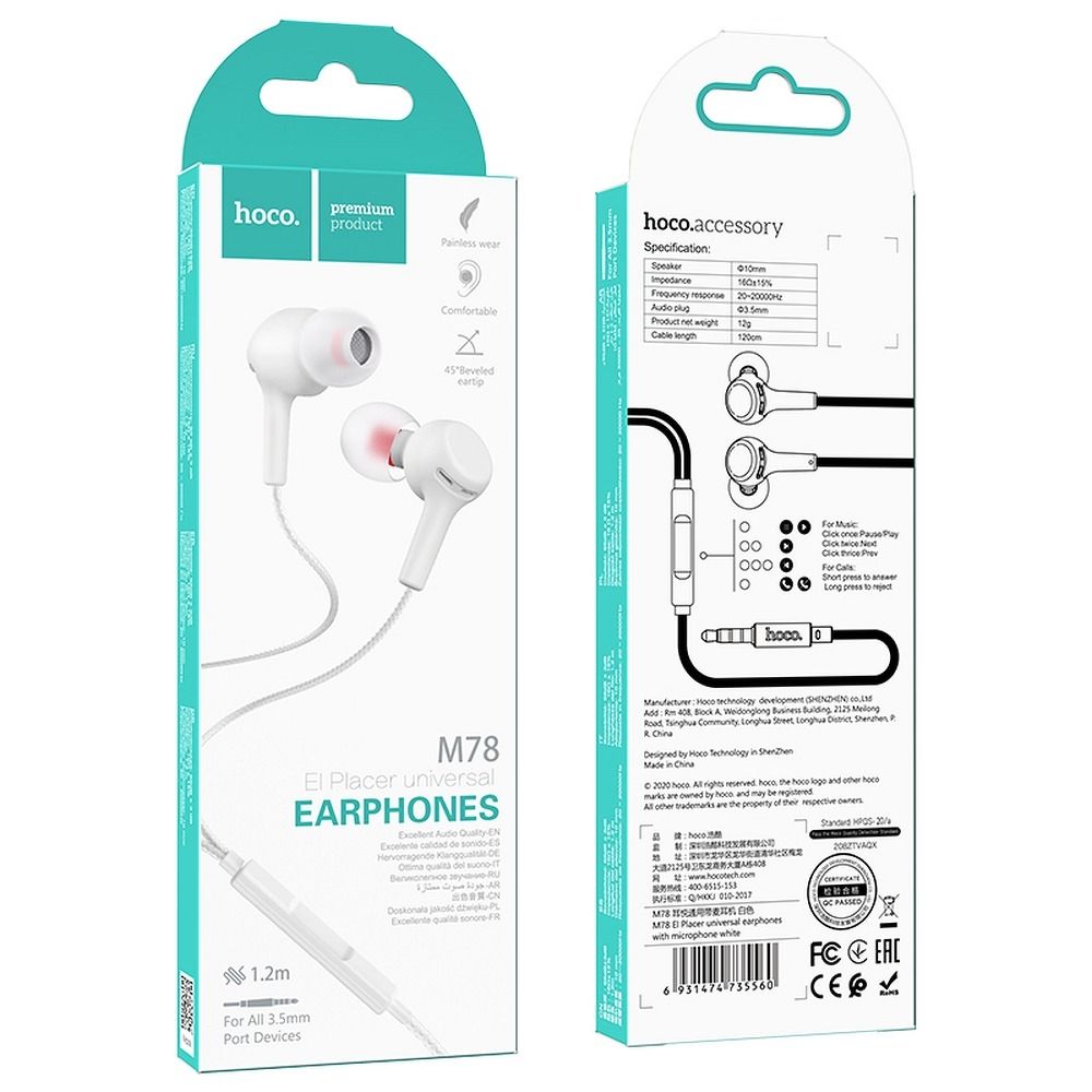 HOCO wire earphones Jack 3,5 mm with microphone M78 white