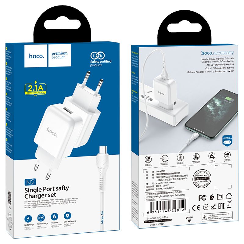 HOCO travel charger USB A + cable USB A to Micro USB QC3.0 3A 18W N3 white