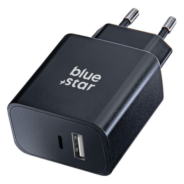 BLUE STAR travel charger with USB C+USB-A sockets PD QC4.0 3A 25W TFB-TC-25WPD black