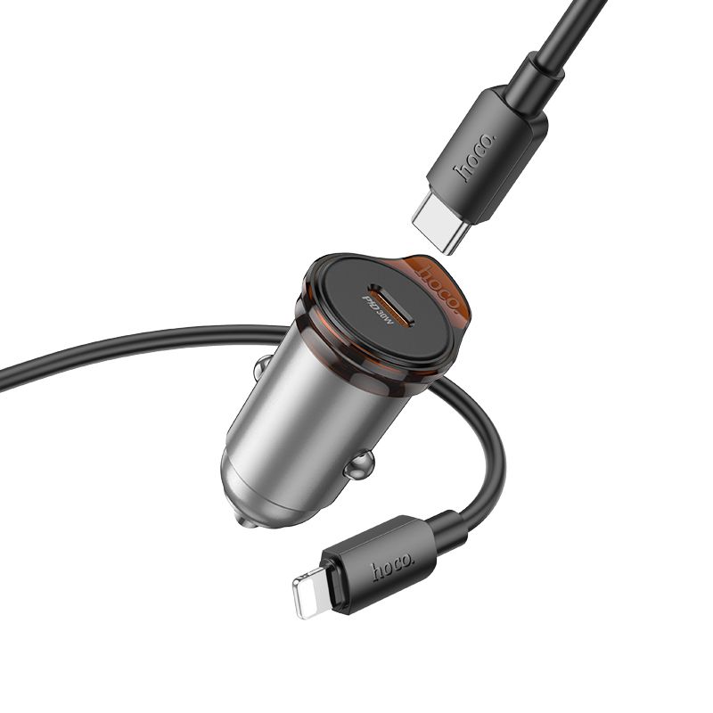 HOCO car charger Type C + cable Type C to Lightning PD QC 30W NZ16 metal gray