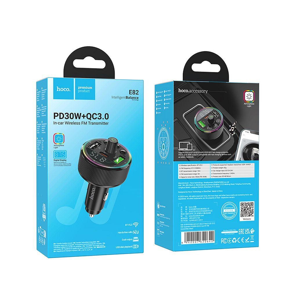 HOCO car transmitter FM bluetooth 2 x USB A + Type C PD QC3.0 30W E82 black