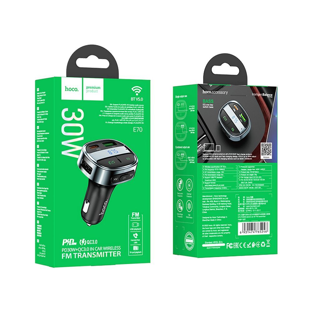 HOCO car charger USB A+ Type C with digital display + transmitter FM BT PD QC3.0 5A 30W E70 obsidian black