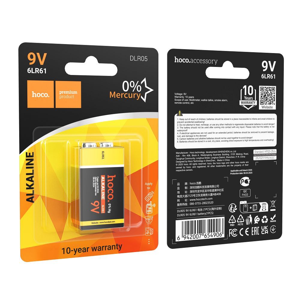 Alkaline battery 6LR61 Hoco 9V DLR05 1 pcs