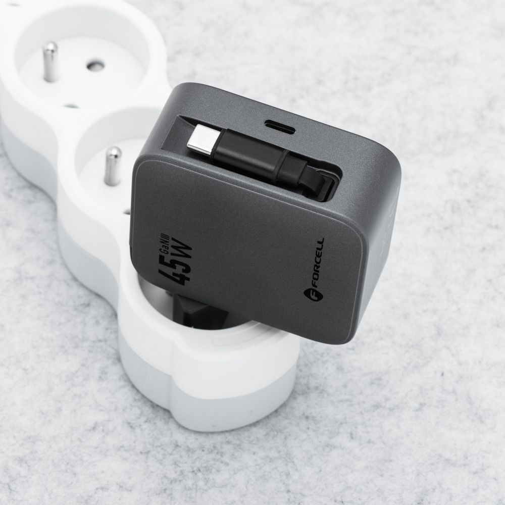 FORCELL F-ENERGY GaN III VT-R5 travel charger with retractable cable Type C and Type C charging port PD QC4.0 3A 45W gray