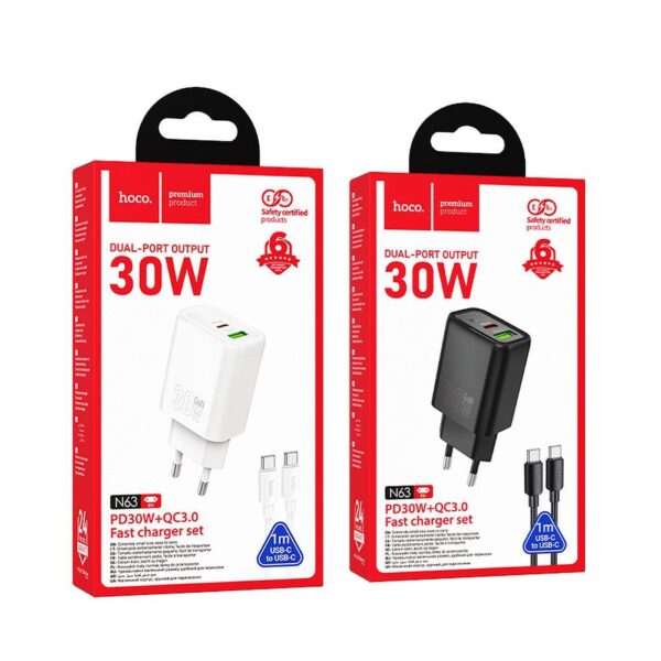 HOCO wall charger USB A + Type C + cable Type C to Type C PD QC3.0 3A 30W N63 black