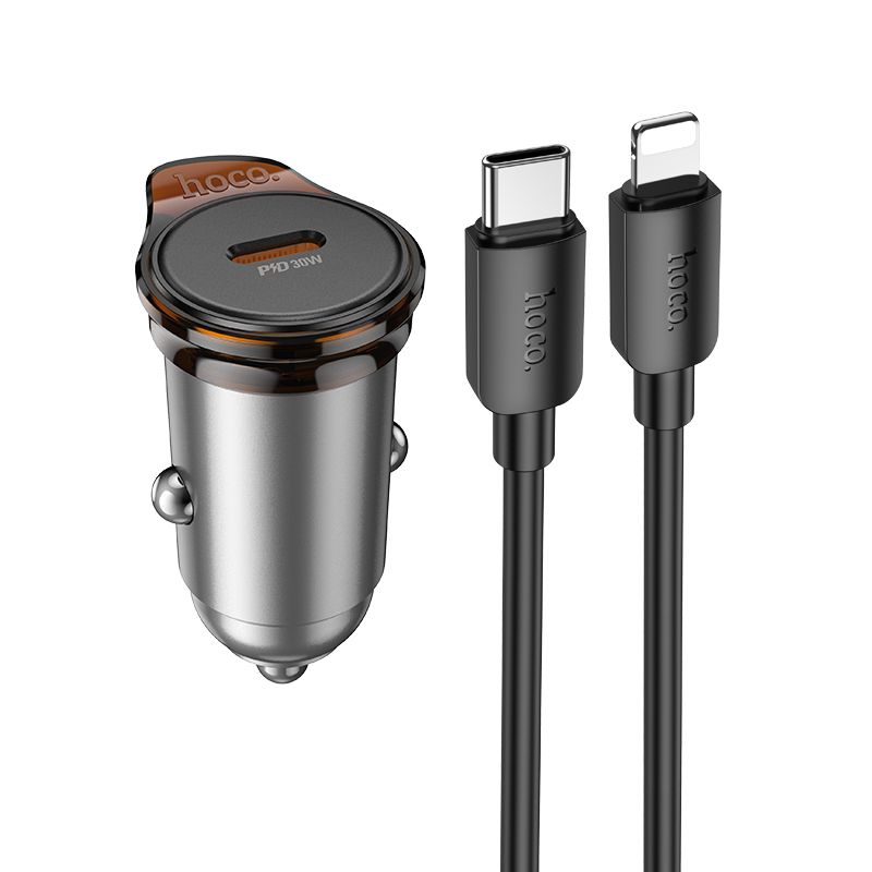 HOCO car charger Type C + cable Type C to Lightning PD QC 30W NZ16 metal gray