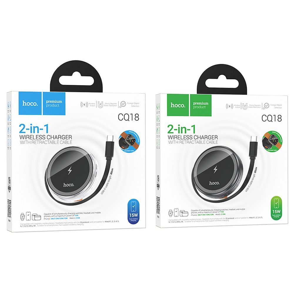 HOCO wireless charger with retractable cable Type C compatible with MagSafe and APPLE Watch 15W CQ18 silver