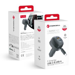FORCELL F-ENERGY Alu car charger with retractable cable Type C and Type C + USB A sockets PD QC4.0 SFC2.0 3A 75W black
