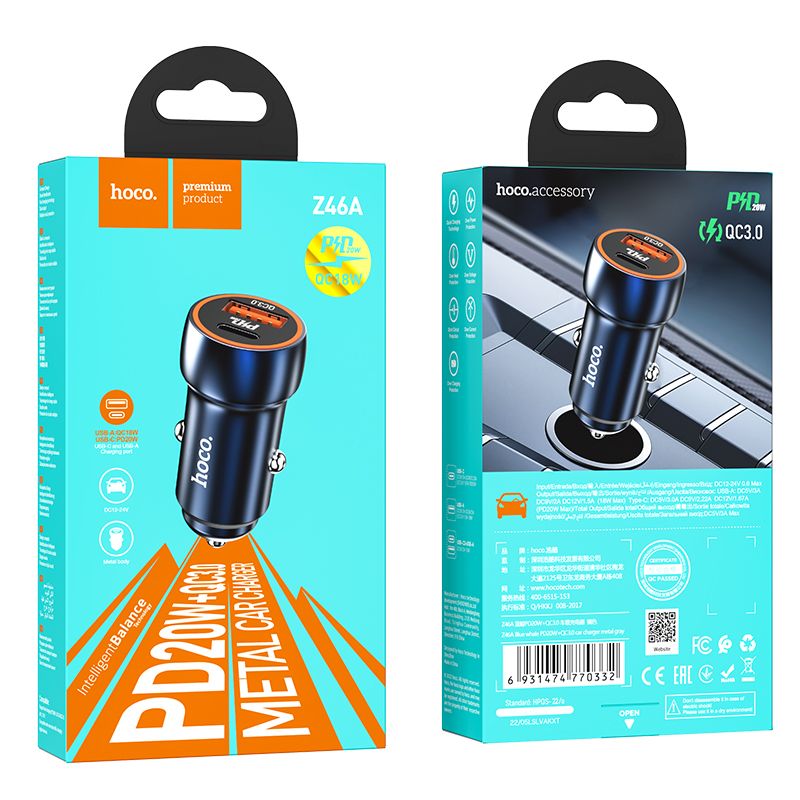 HOCO car charger USB A + Type C PD QC3.0 3A 20W Z46A sapphire blue