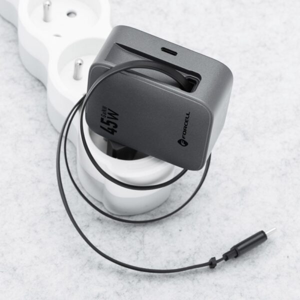 FORCELL F-ENERGY GaN III VT-R5 travel charger with retractable cable Type C and Type C charging port PD QC4.0 3A 45W gray