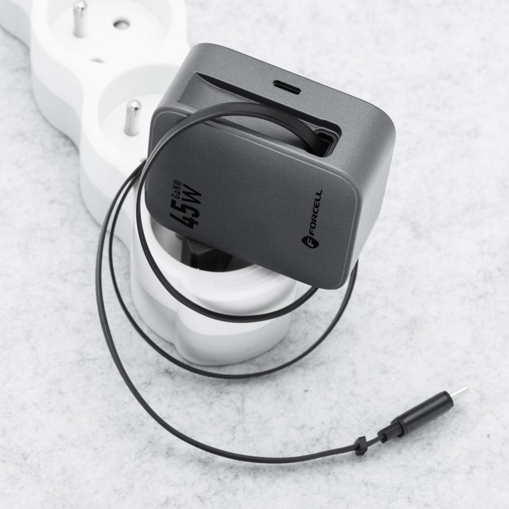 FORCELL F-ENERGY GaN III VT-R5 travel charger with retractable cable Type C and Type C charging port PD QC4.0 3A 45W gray