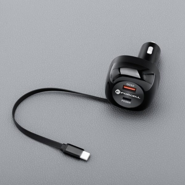 FORCELL F-ENERGY Alu car charger with retractable cable Type C and Type C + USB A sockets PD QC4.0 SFC2.0 3A 75W black