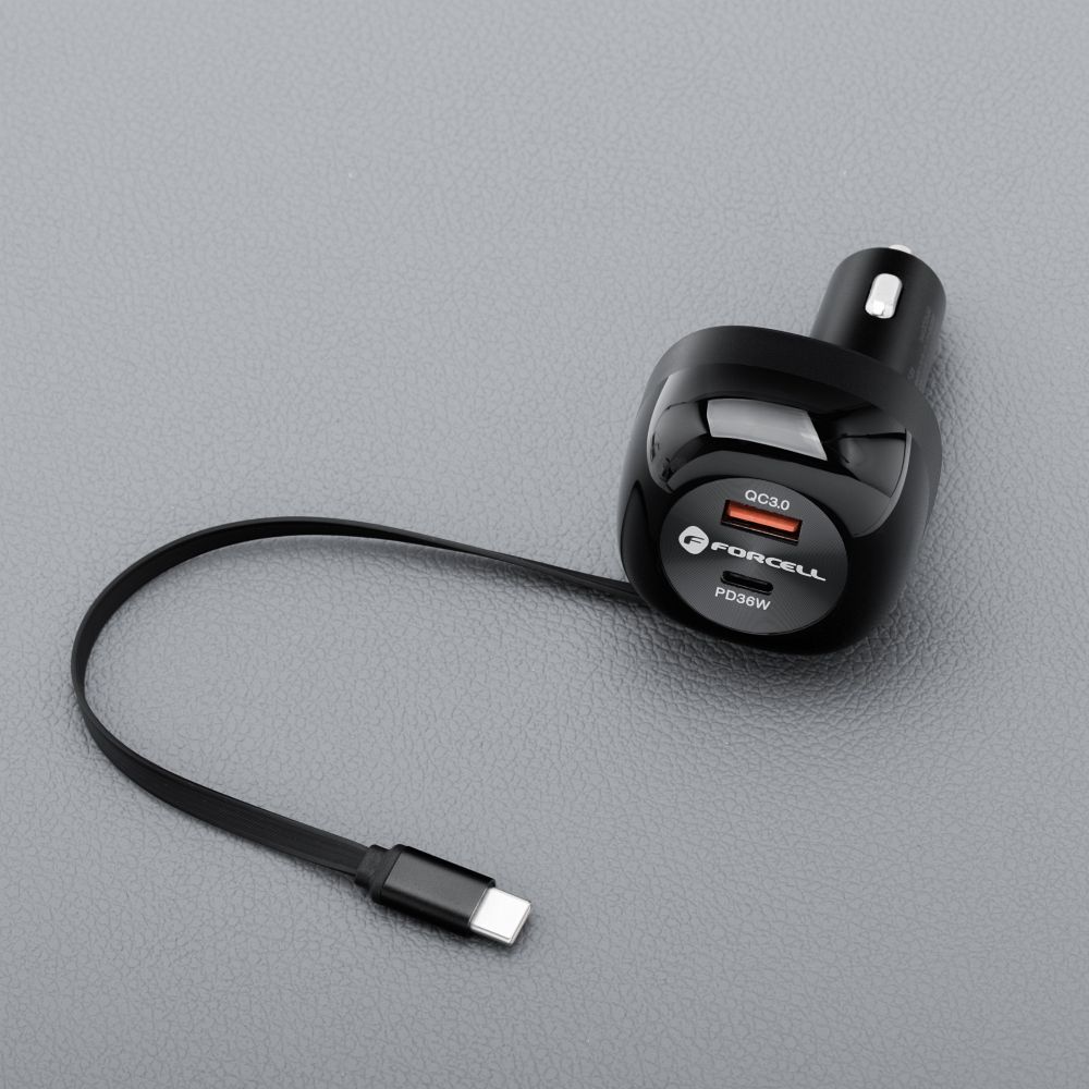FORCELL F-ENERGY Alu car charger with retractable cable Type C and Type C + USB A sockets PD QC4.0 SFC2.0 3A 75W black