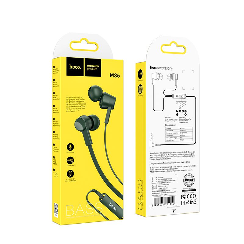 HOCO wire earphones Jack 3,5 mm with microphone M86 army green