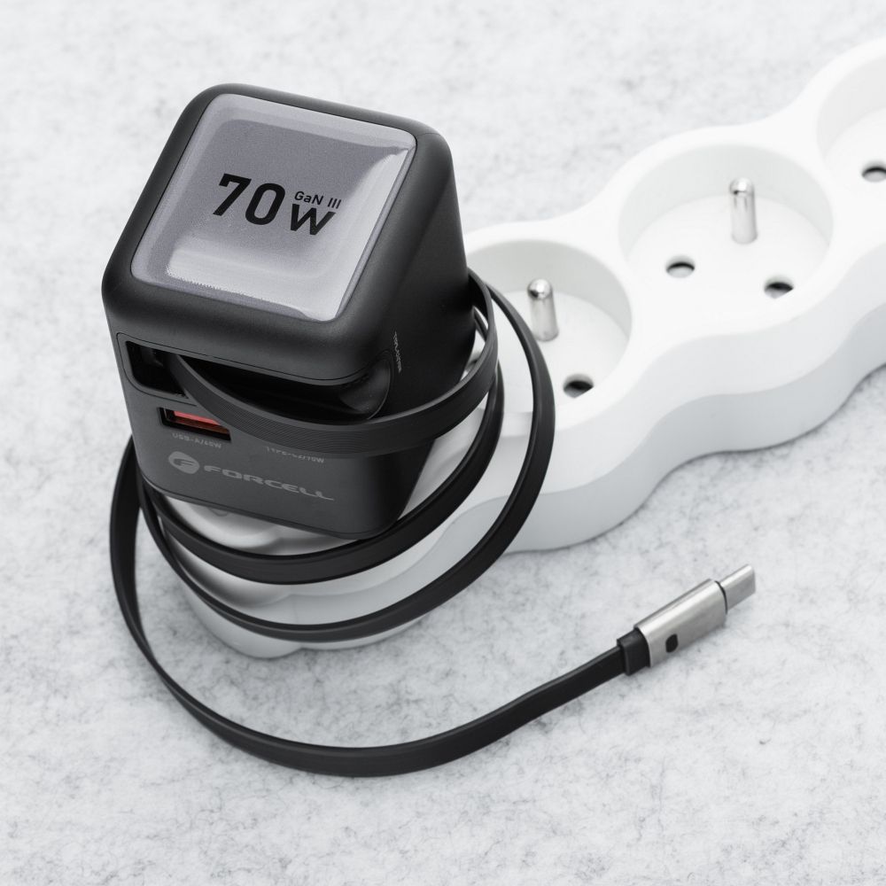 FORCELL F-ENERGY GaN III VT-R7 travel charger with retractable cable Type C and 1x Type C, 1x USB A charging ports PD QC4.0 3A 70W gray