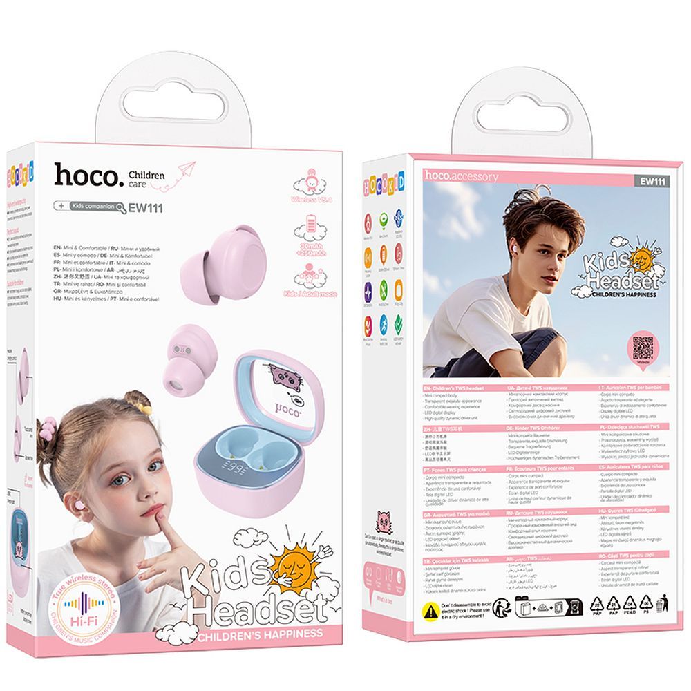 c45ed291e3493e1d9db4ff05b67c8a64 HOCO wireless earphones bluetooth TWS for kids EW111 pink