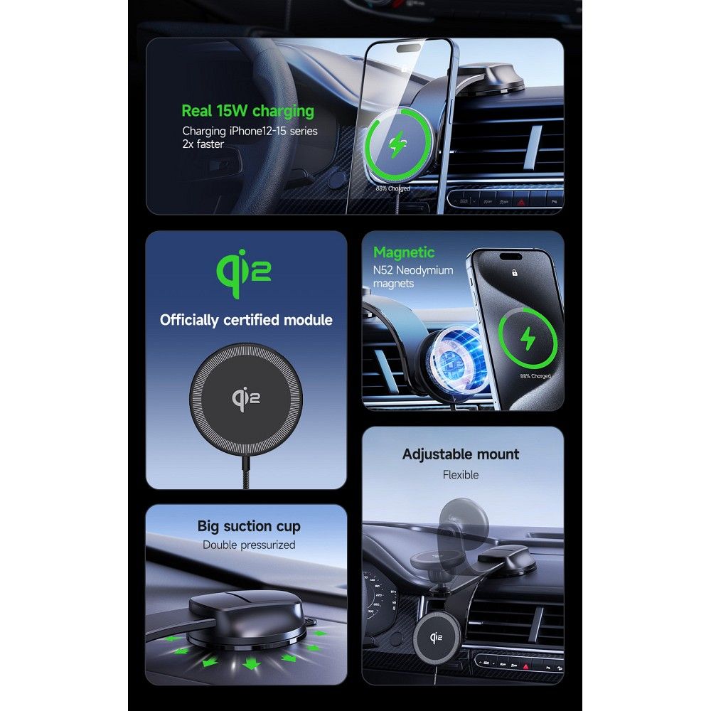 DUZZONA V4 - Dashboard Car Holder with Magnetic Wireless Charger 15W (Compatible with MagSafe and Qi2 charging)
