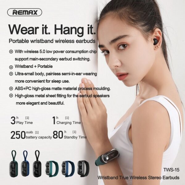 REMAX wireless stereo earbuds TWS-15 with docking station in smartband green