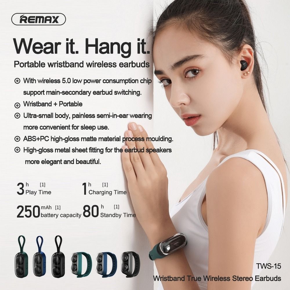 REMAX wireless stereo earbuds TWS-15 with docking station in smartband green