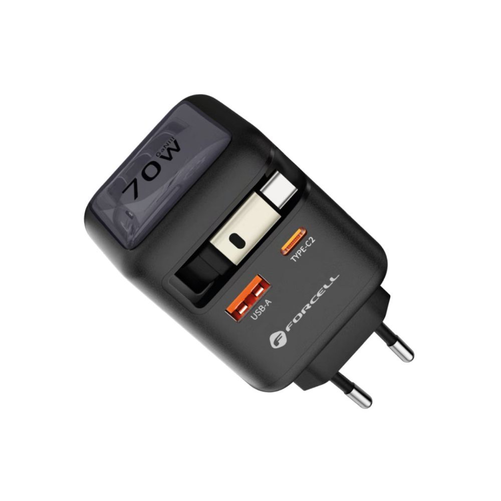 FORCELL F-ENERGY GaN III VT-R7 travel charger with retractable cable Type C and 1x Type C, 1x USB A charging ports PD QC4.0 3A 70W gray