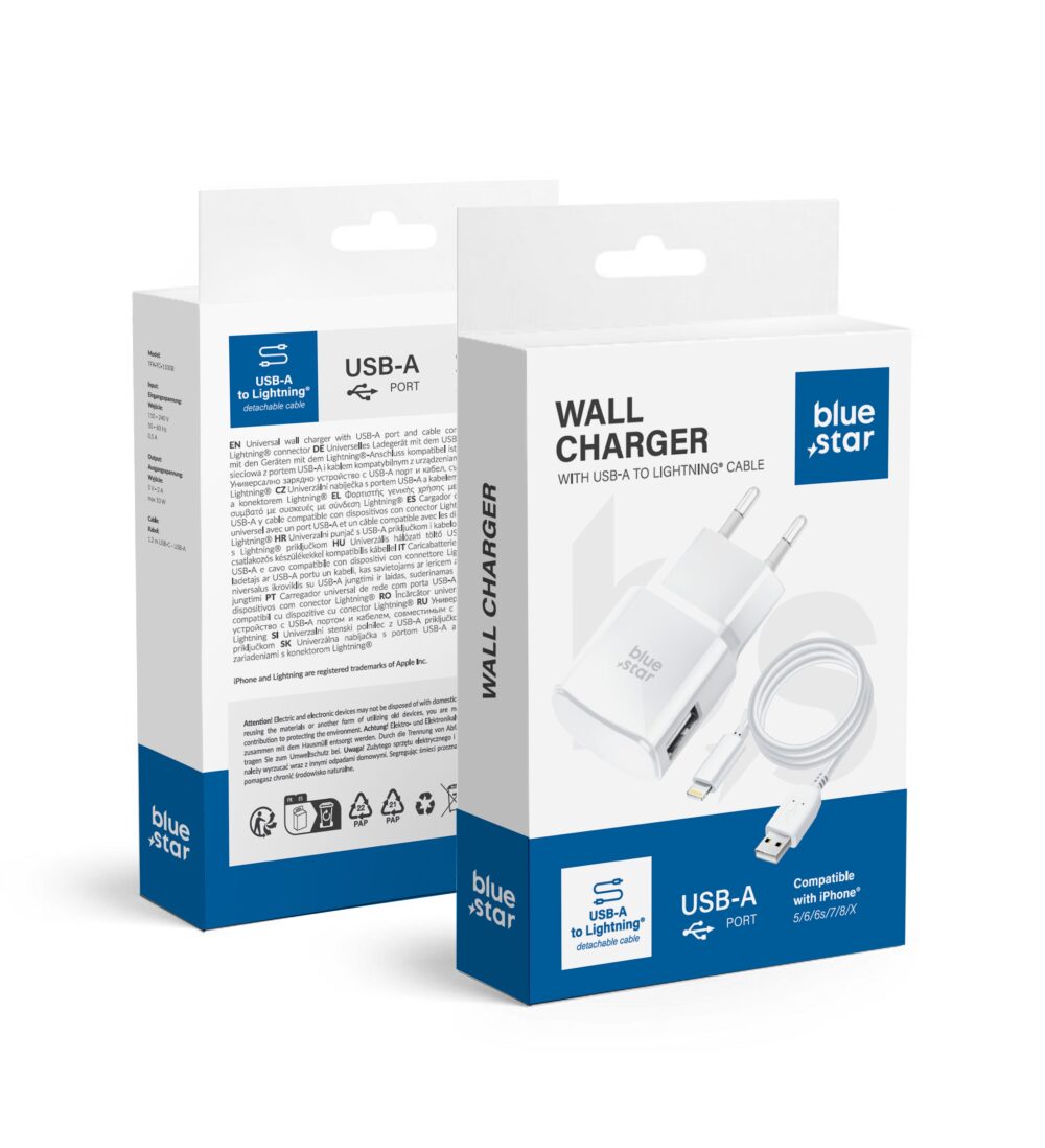 d28f62e916791fdb8aa7a791239cbaba BLUE STAR travel charger 1A 5W USB A + cable USB A to Lightning TFK-TC-1100B white